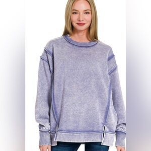 Zenana Acid Wash Exposed-seam Fleece Sweatshirt